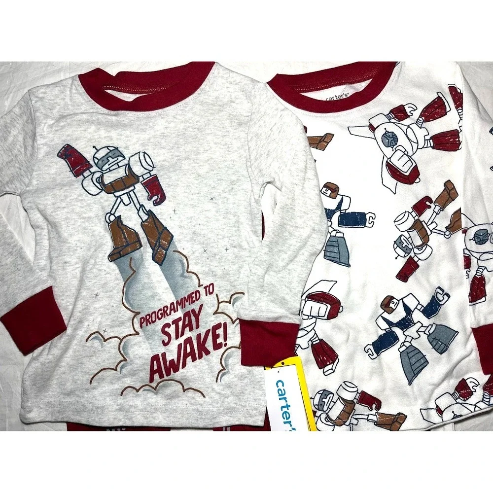 Carter's Baby Boy 24 Mos Pajama Set 4pc Robot Long Sleeve‎ Pants Gray White NWT